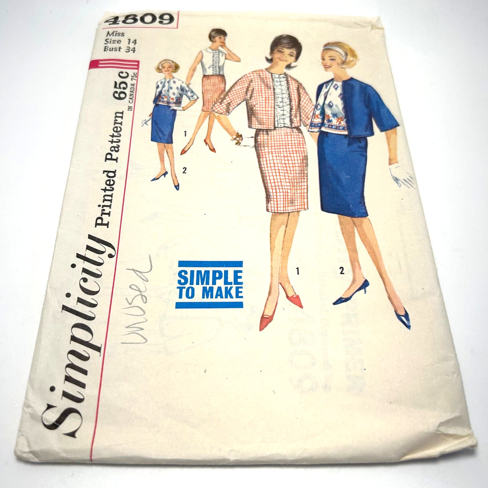 Simplicity Vintage1960's Pattern #4809 Blouse/Suit/Reversible Jacket Size 14